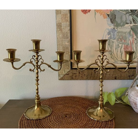 Pair vintage Brass Candlabras 3 Arm Cottagecore
